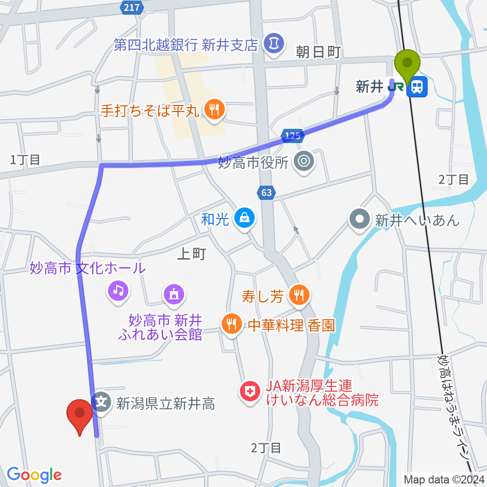 妙高市総合体育館はね馬アリーナの最寄駅新井駅からの徒歩ルート（約15分）地図