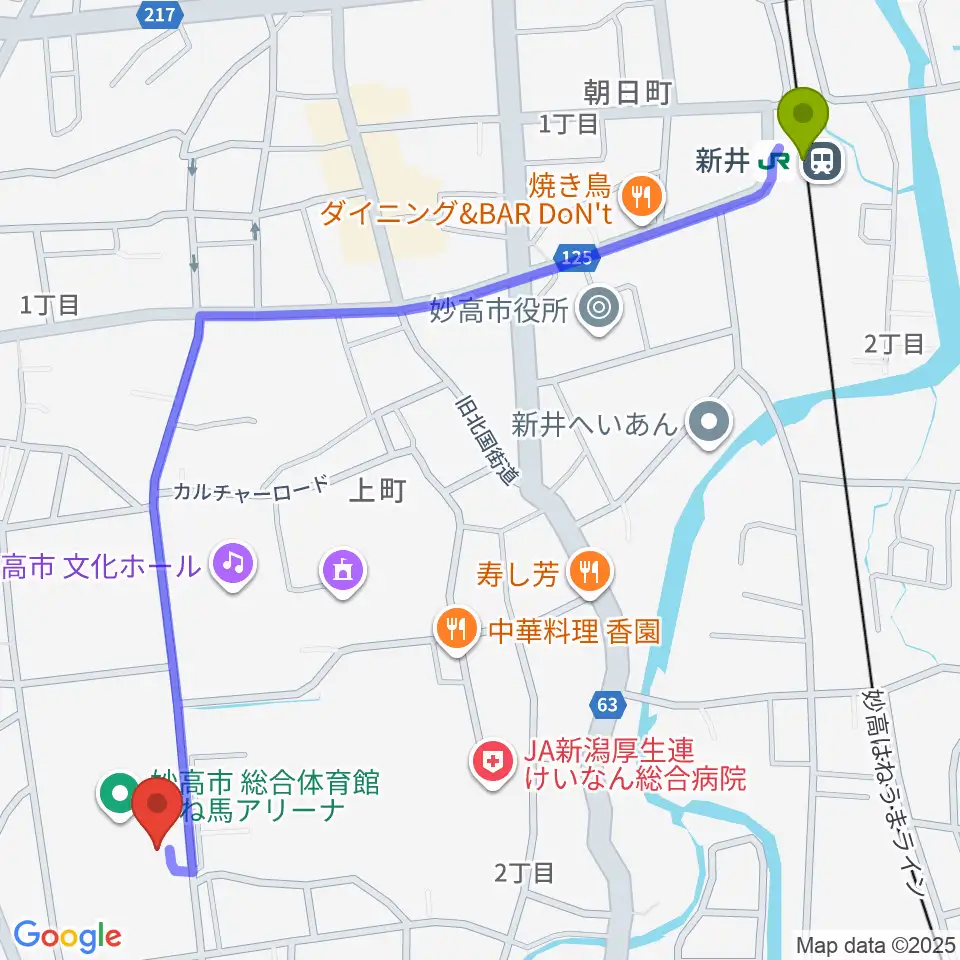 妙高市総合体育館はね馬アリーナの最寄駅新井駅からの徒歩ルート（約15分）地図