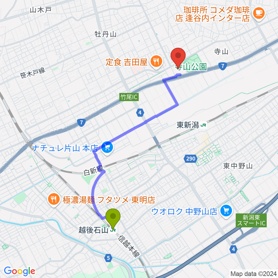 越後石山駅から新潟市東総合スポーツセンターへのルートマップ地図