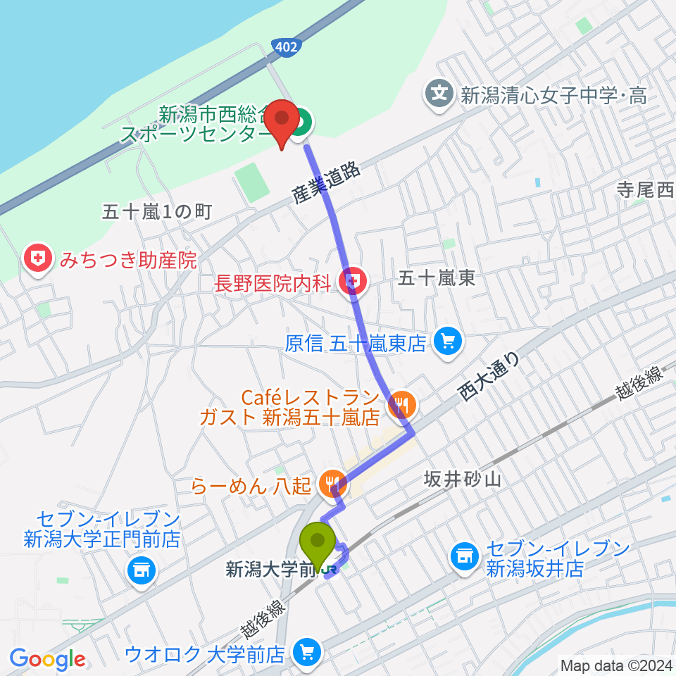 新潟市西総合スポーツセンターの最寄駅新潟大学前駅からの徒歩ルート（約19分）地図