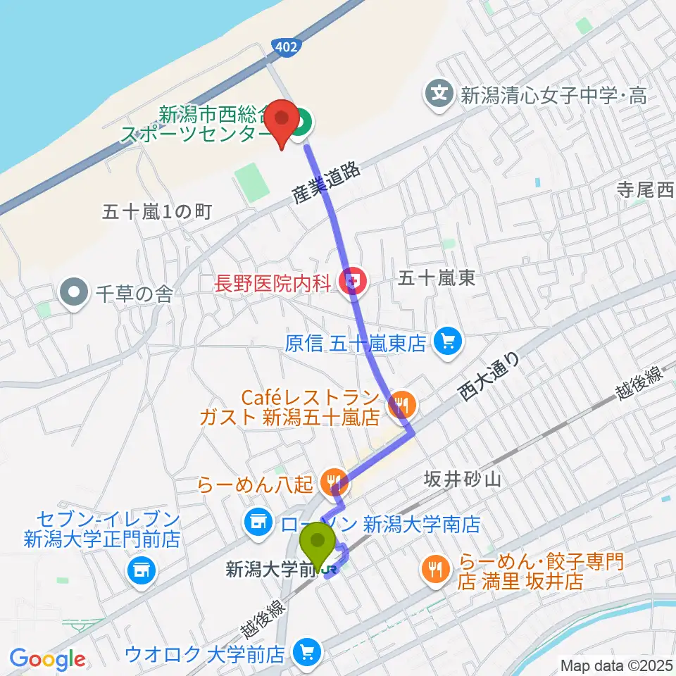 新潟市西総合スポーツセンターの最寄駅新潟大学前駅からの徒歩ルート（約19分）地図