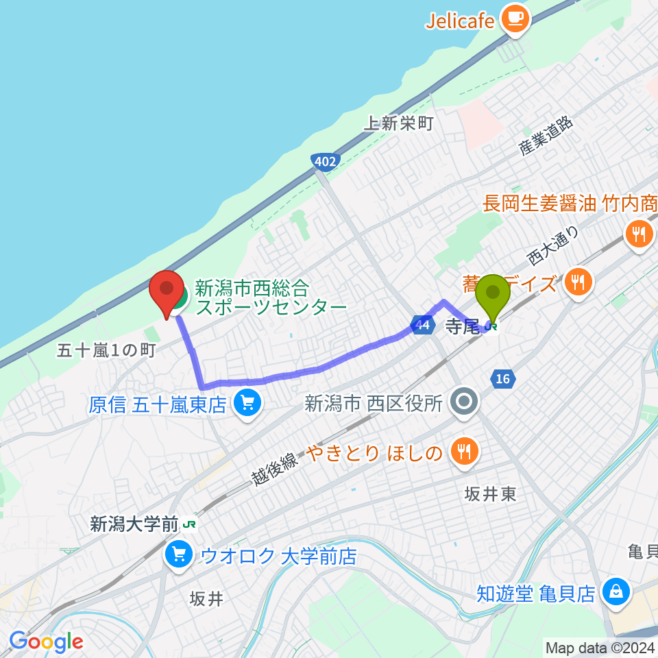 寺尾駅から新潟市西総合スポーツセンターへのルートマップ地図