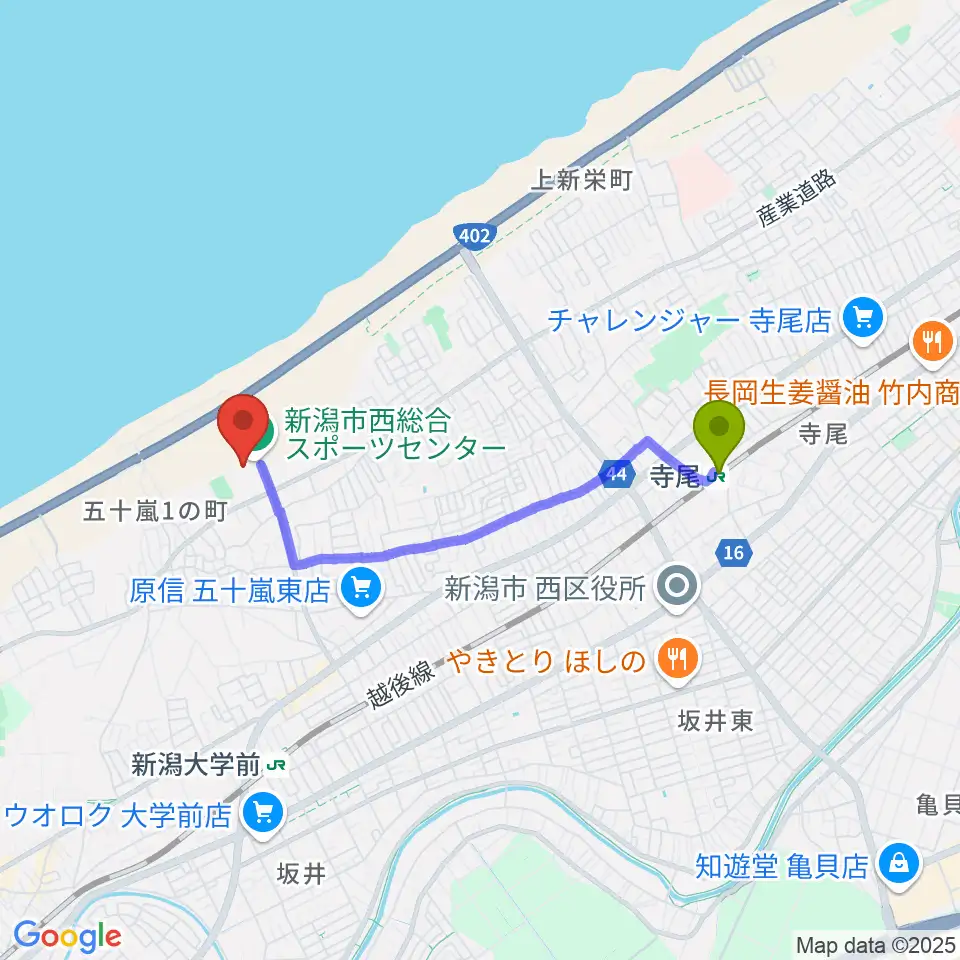 寺尾駅から新潟市西総合スポーツセンターへのルートマップ地図