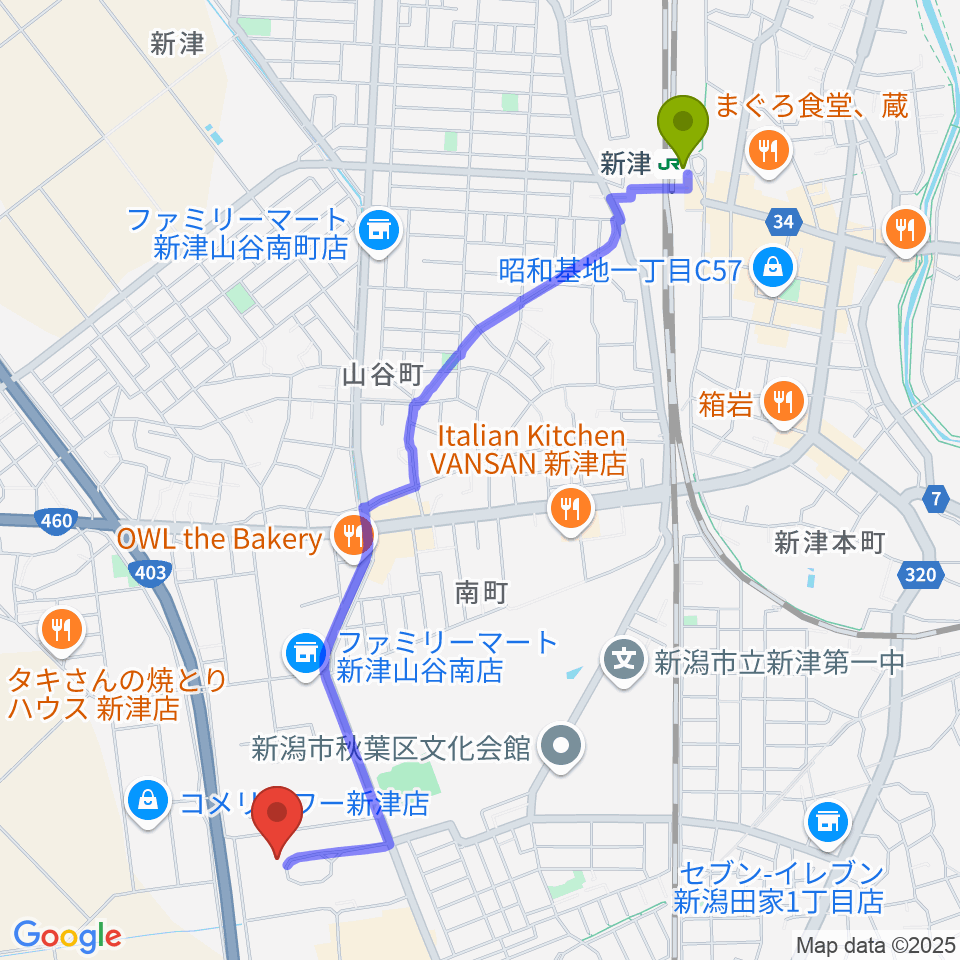 新潟市秋葉区総合体育館の最寄駅新津駅からの徒歩ルート（約25分）地図