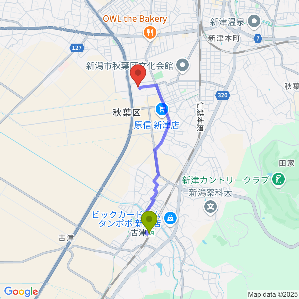 古津駅から新潟市秋葉区総合体育館へのルートマップ地図