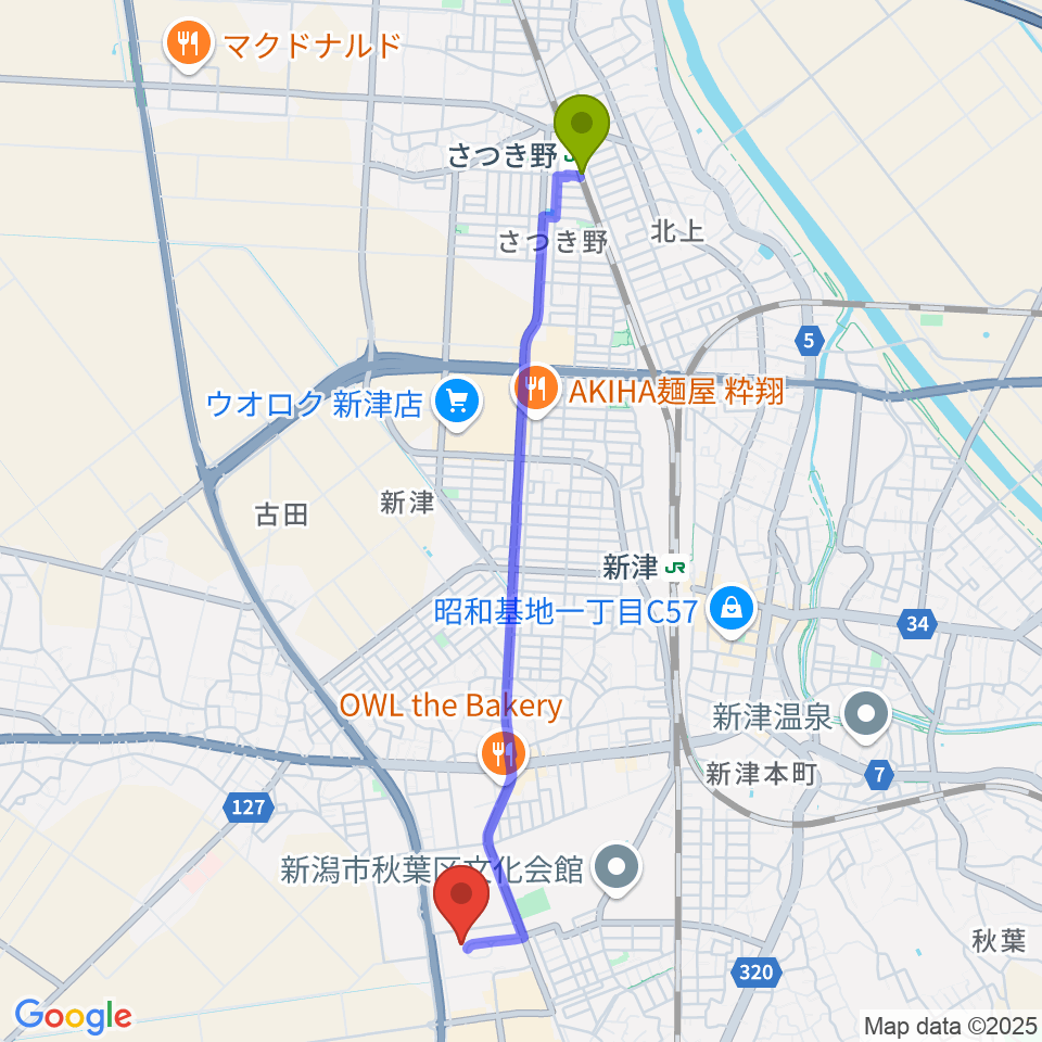 さつき野駅から新潟市秋葉区総合体育館へのルートマップ地図