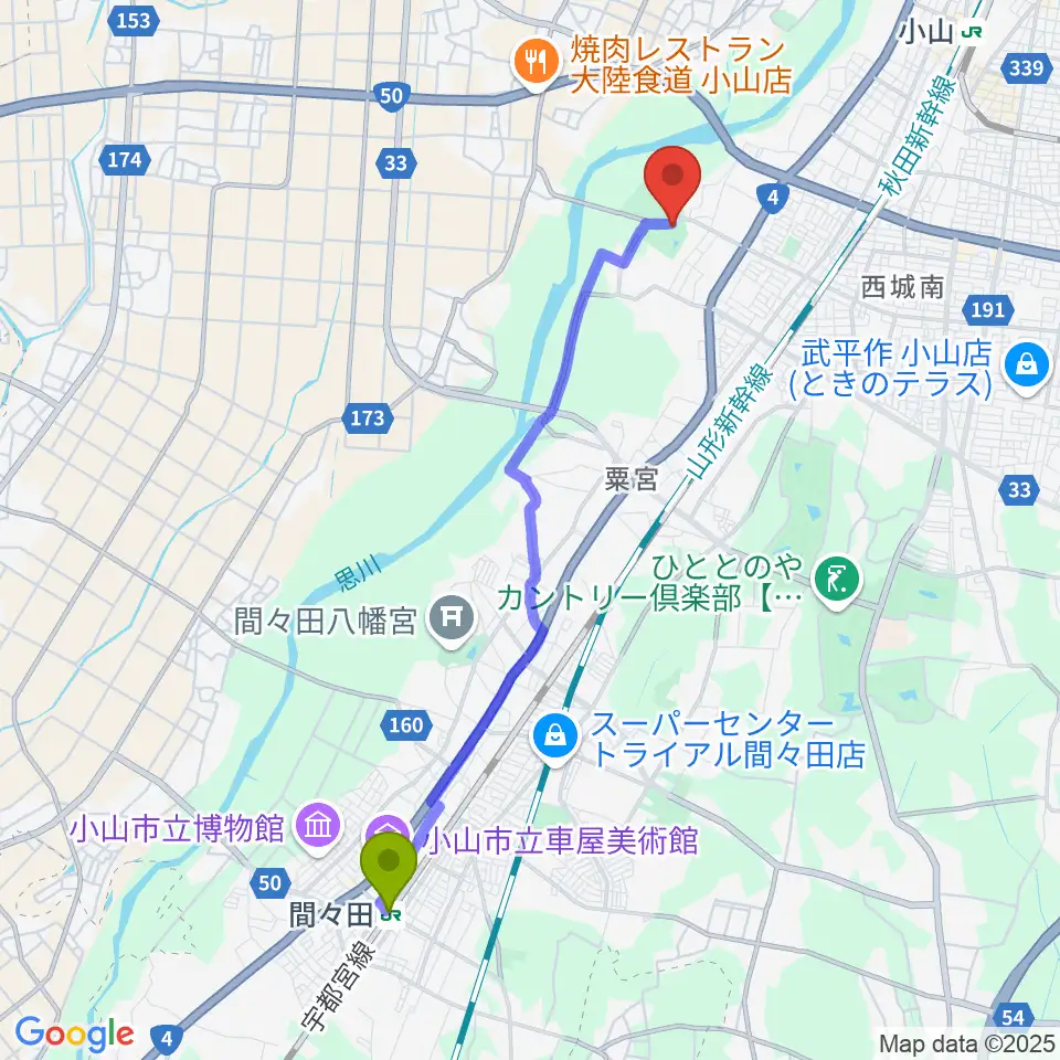 間々田駅から栃木県立県南体育館へのルートマップ地図
