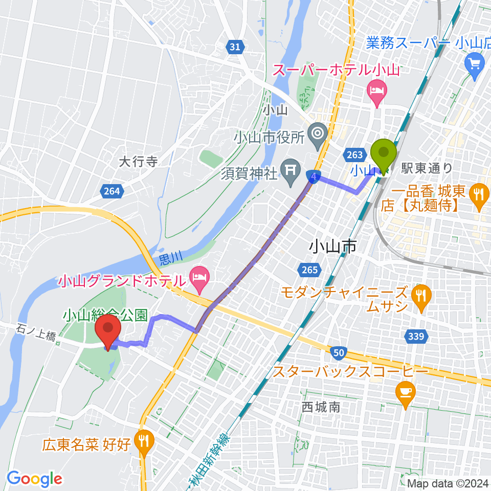 栃木県立県南体育館の最寄駅小山駅からの徒歩ルート（約41分）地図