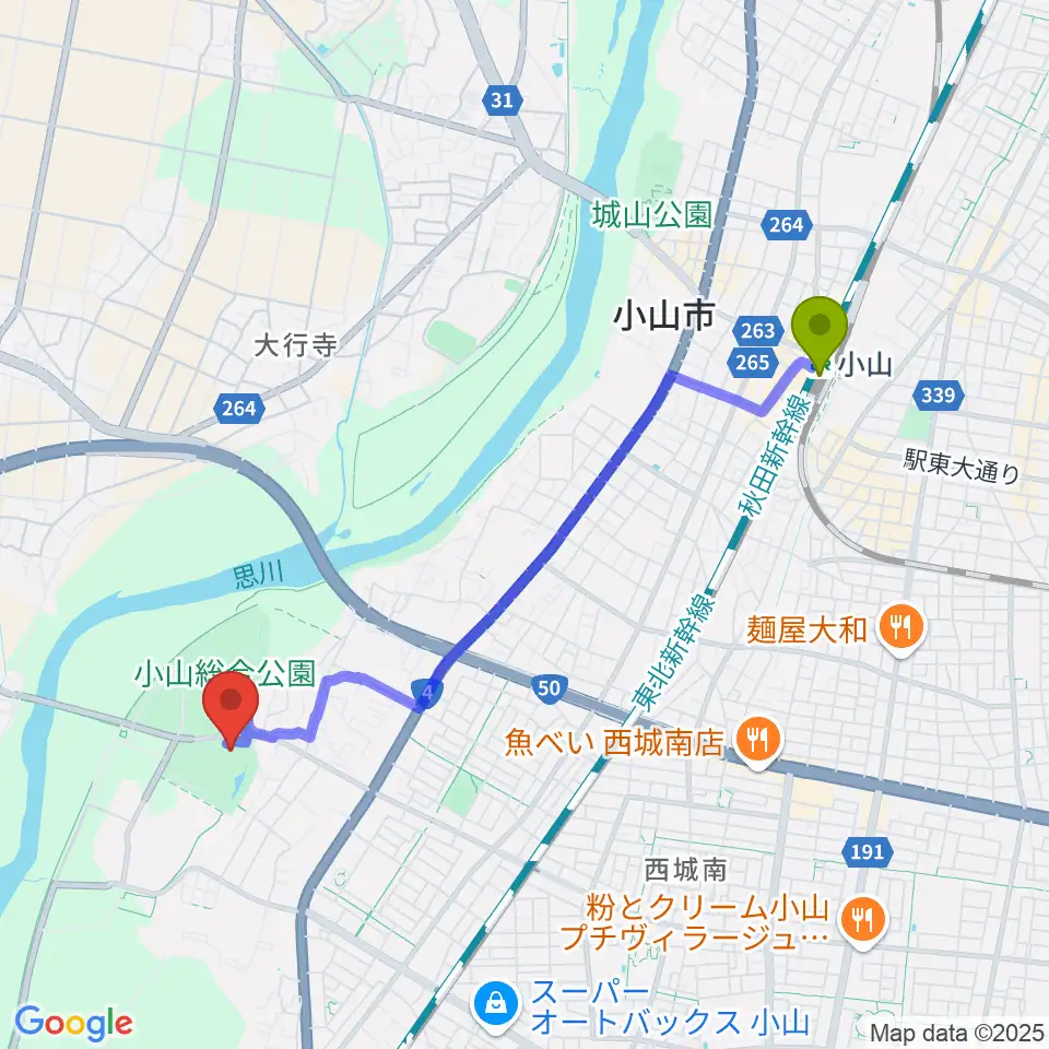 栃木県立県南体育館の最寄駅小山駅からの徒歩ルート（約41分）地図