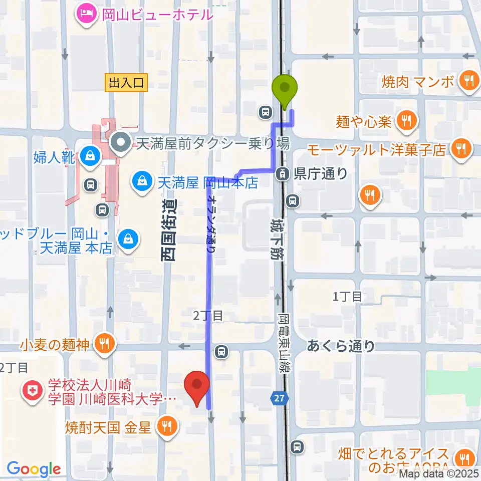 県庁通り駅から長谷川楽器ウインドパサージュへのルートマップ地図