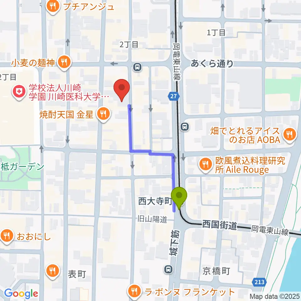 長谷川楽器ウインドパサージュの最寄駅西大寺町駅からの徒歩ルート（約3分）地図