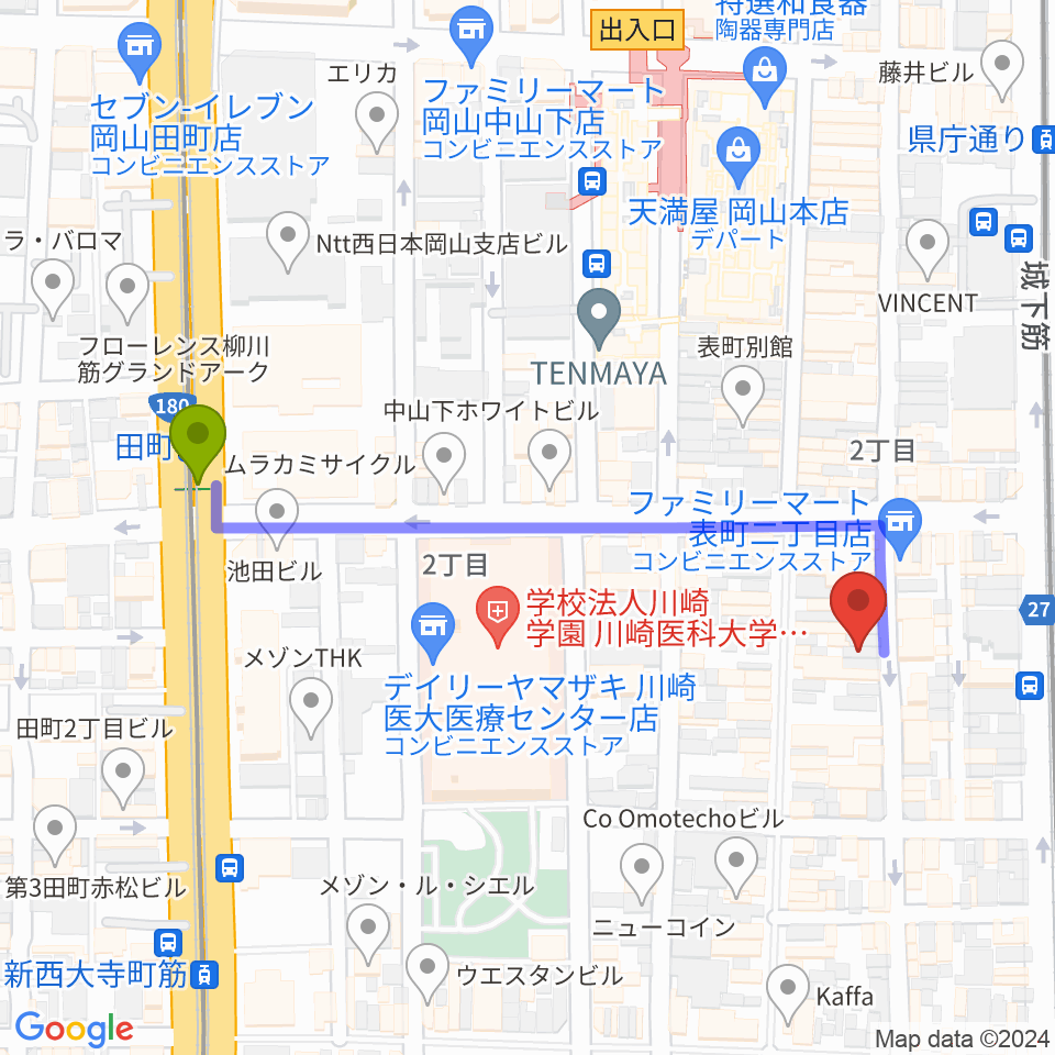 田町駅から長谷川楽器ウインドパサージュへのルートマップ地図