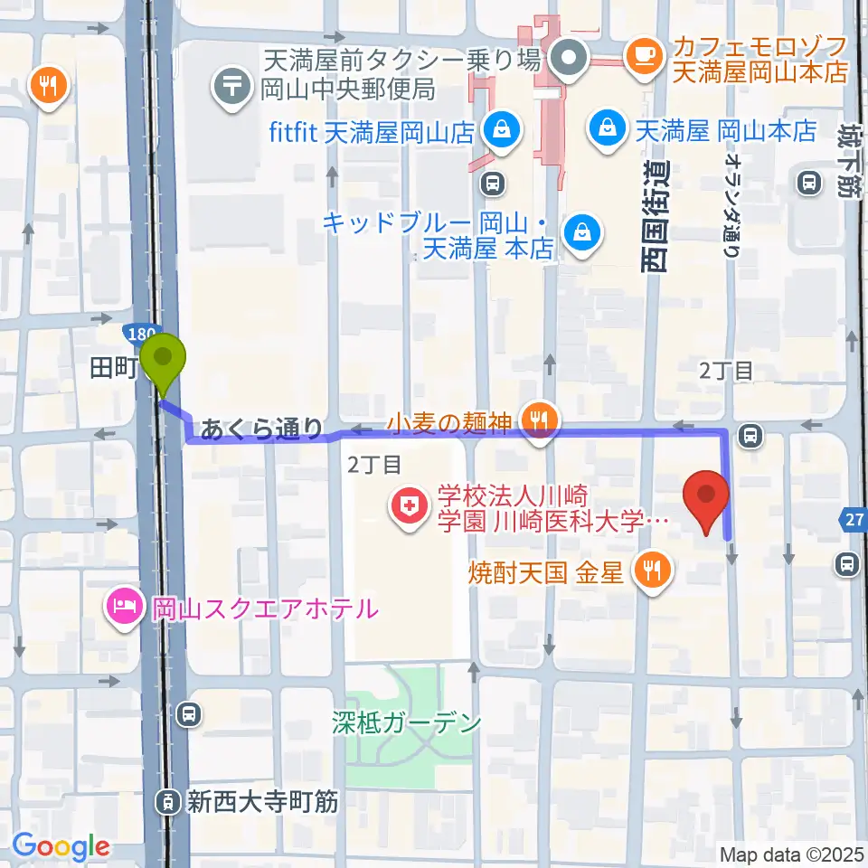 田町駅から長谷川楽器ウインドパサージュへのルートマップ地図