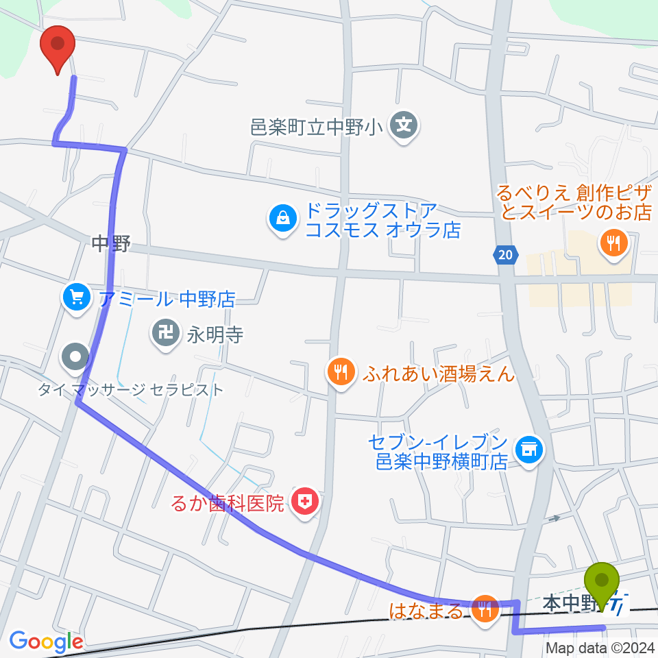 サウンドスタジオグリーンフィールドの最寄駅本中野駅からの徒歩ルート（約18分）地図