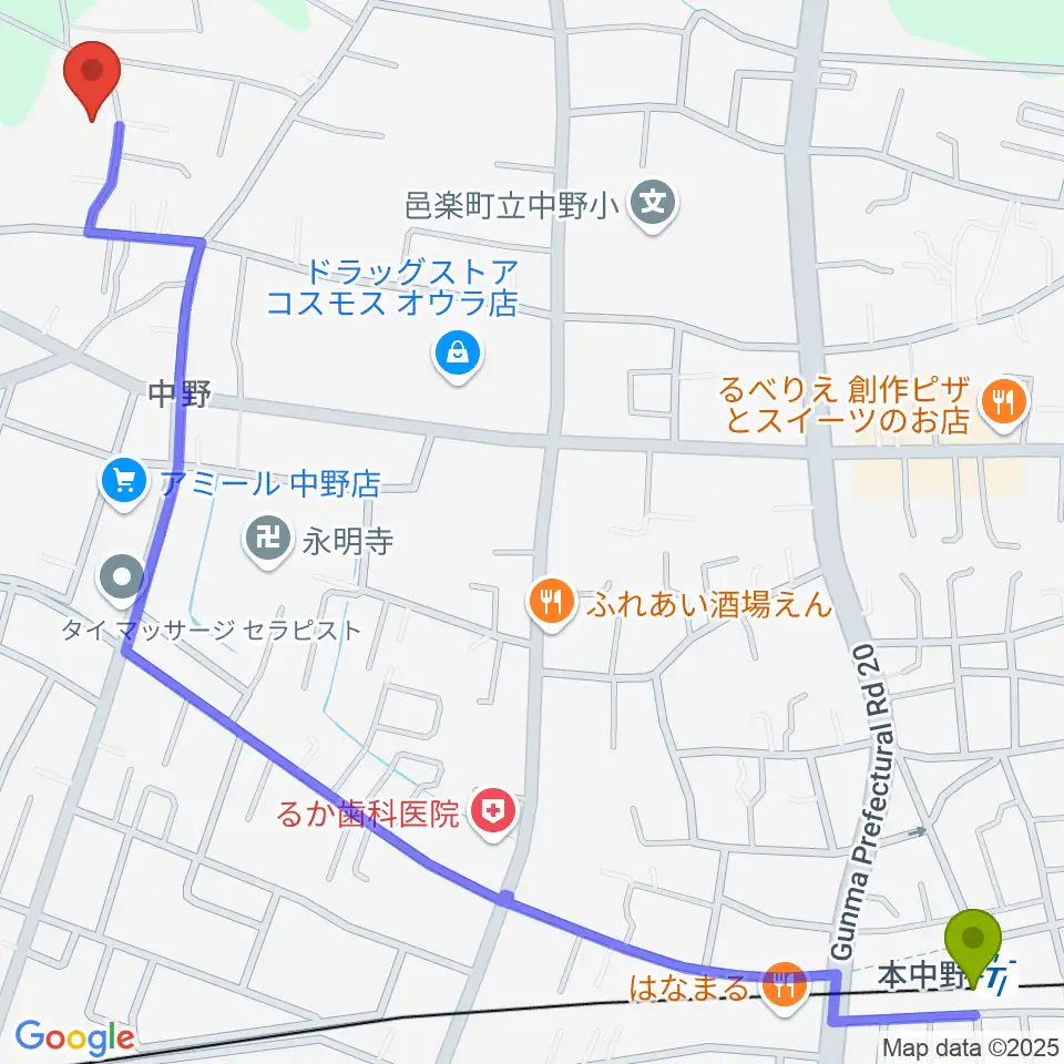 サウンドスタジオグリーンフィールドの最寄駅本中野駅からの徒歩ルート（約18分）地図