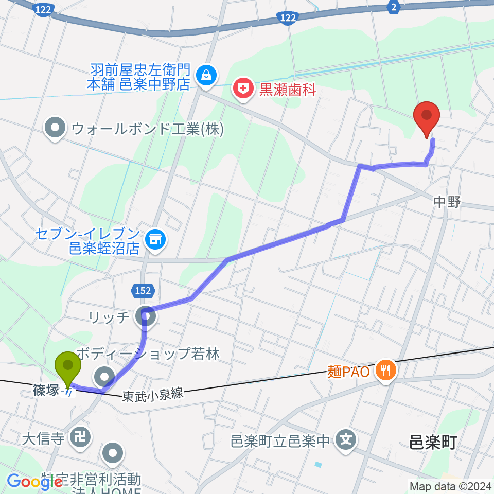 篠塚駅からサウンドスタジオグリーンフィールドへのルートマップ地図