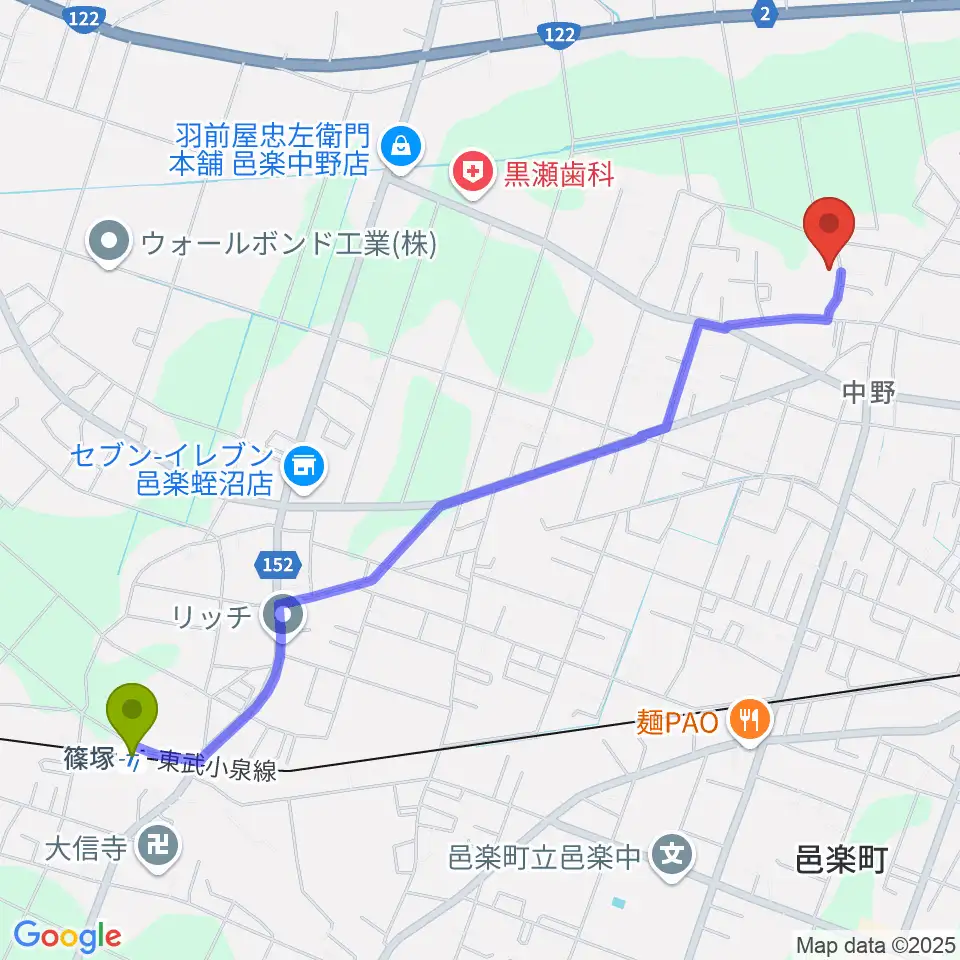 篠塚駅からサウンドスタジオグリーンフィールドへのルートマップ地図