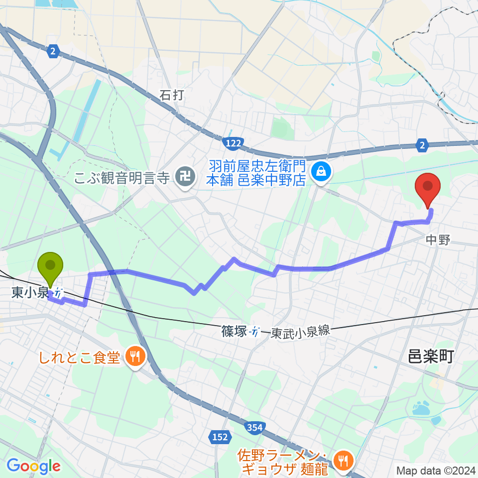 東小泉駅からサウンドスタジオグリーンフィールドへのルートマップ地図