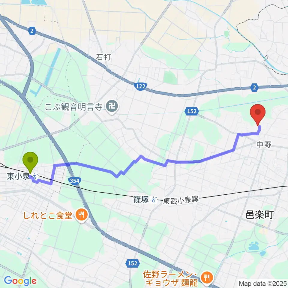 東小泉駅からサウンドスタジオグリーンフィールドへのルートマップ地図