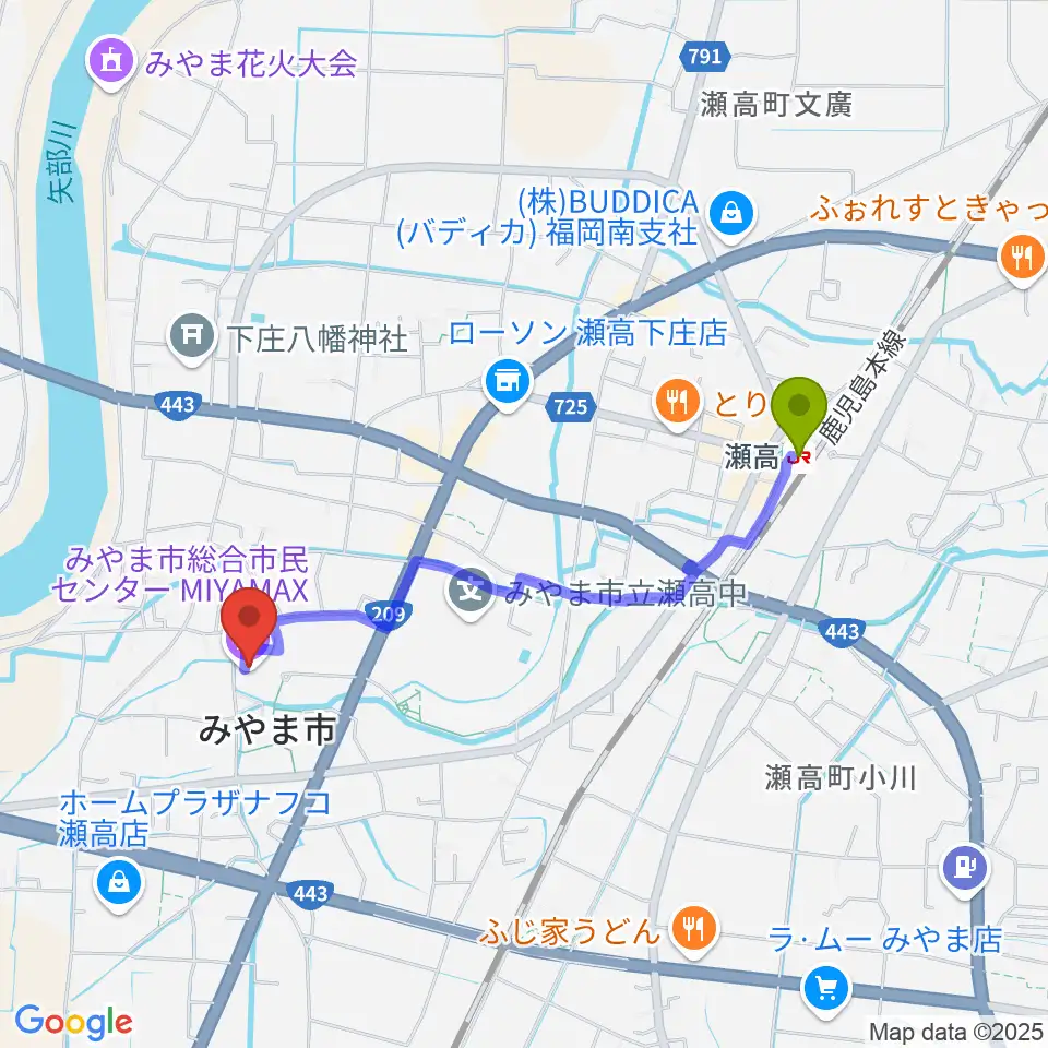 みやま市総合市民センターMIYAMAXの最寄駅瀬高駅からの徒歩ルート（約18分）地図