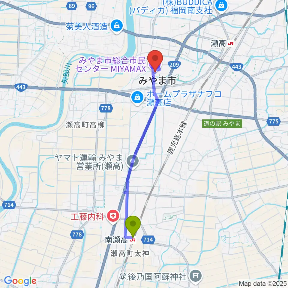 南瀬高駅からみやま市総合市民センターMIYAMAXへのルートマップ地図