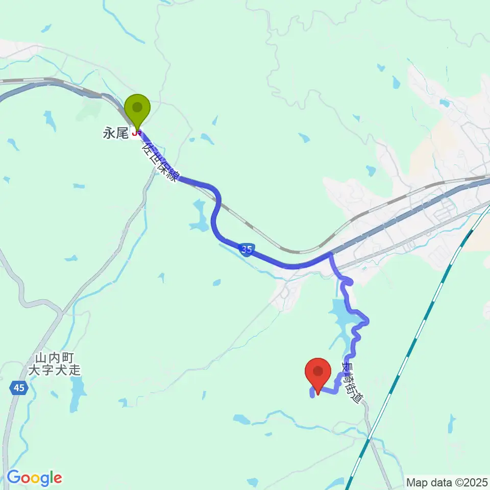 ひぜしんスタジアムの最寄駅永尾駅からの徒歩ルート（約42分）地図