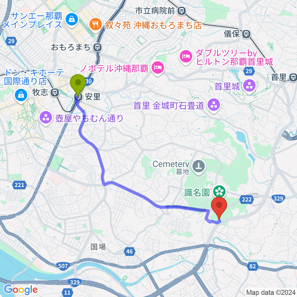 安里駅から那覇市民体育館へのルートマップ地図