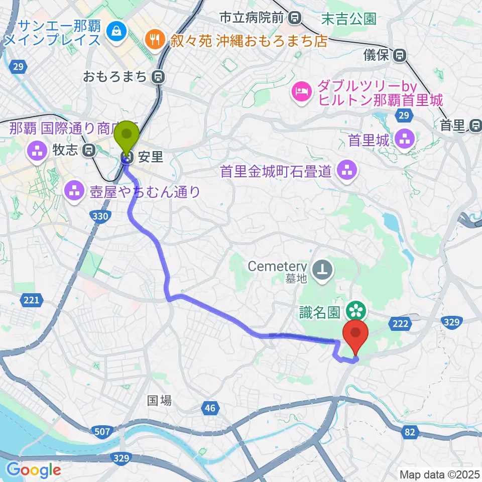 安里駅から那覇市民体育館へのルートマップ地図