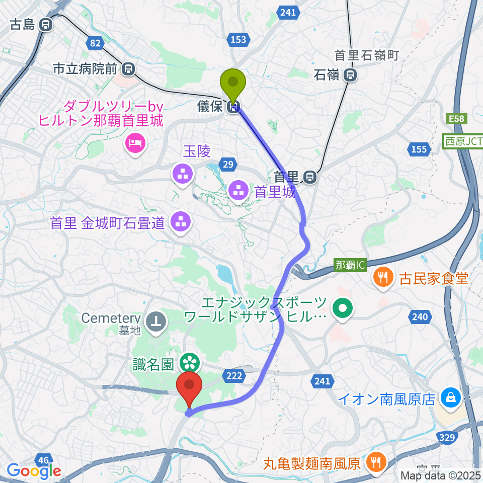 儀保駅から那覇市民体育館へのルートマップ地図