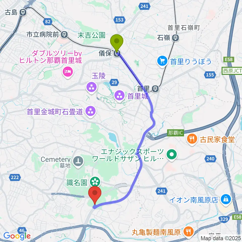 儀保駅から那覇市民体育館へのルートマップ地図