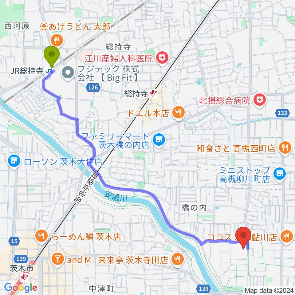 JR総持寺駅から茨木市東市民体育館へのルートマップ地図