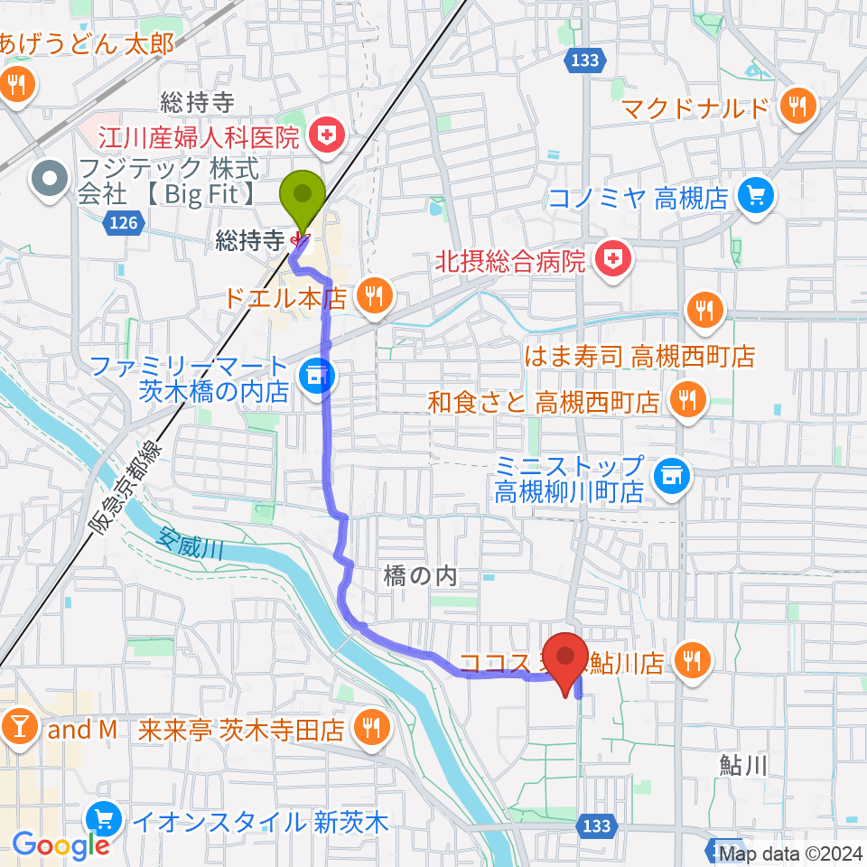 茨木市東市民体育館の最寄駅総持寺駅からの徒歩ルート（約19分）地図