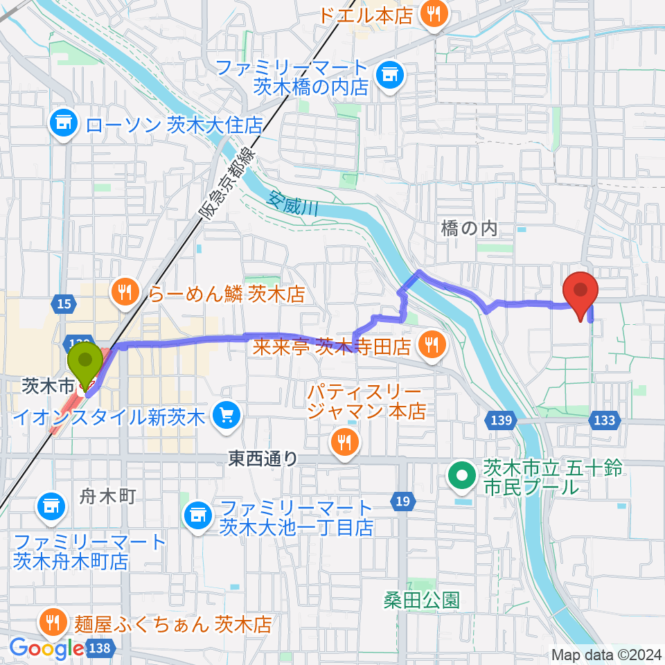 茨木市駅から茨木市東市民体育館へのルートマップ地図