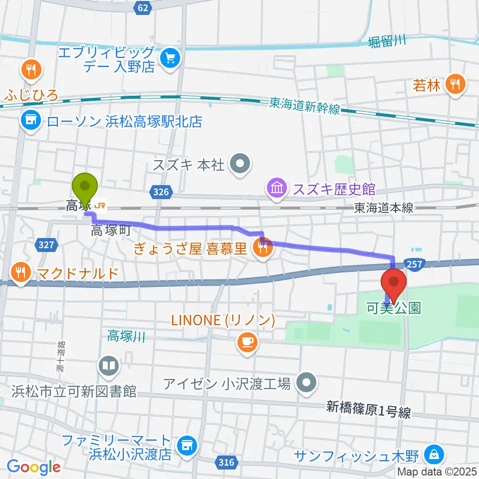 可美公園総合センターの最寄駅高塚駅からの徒歩ルート（約21分）地図