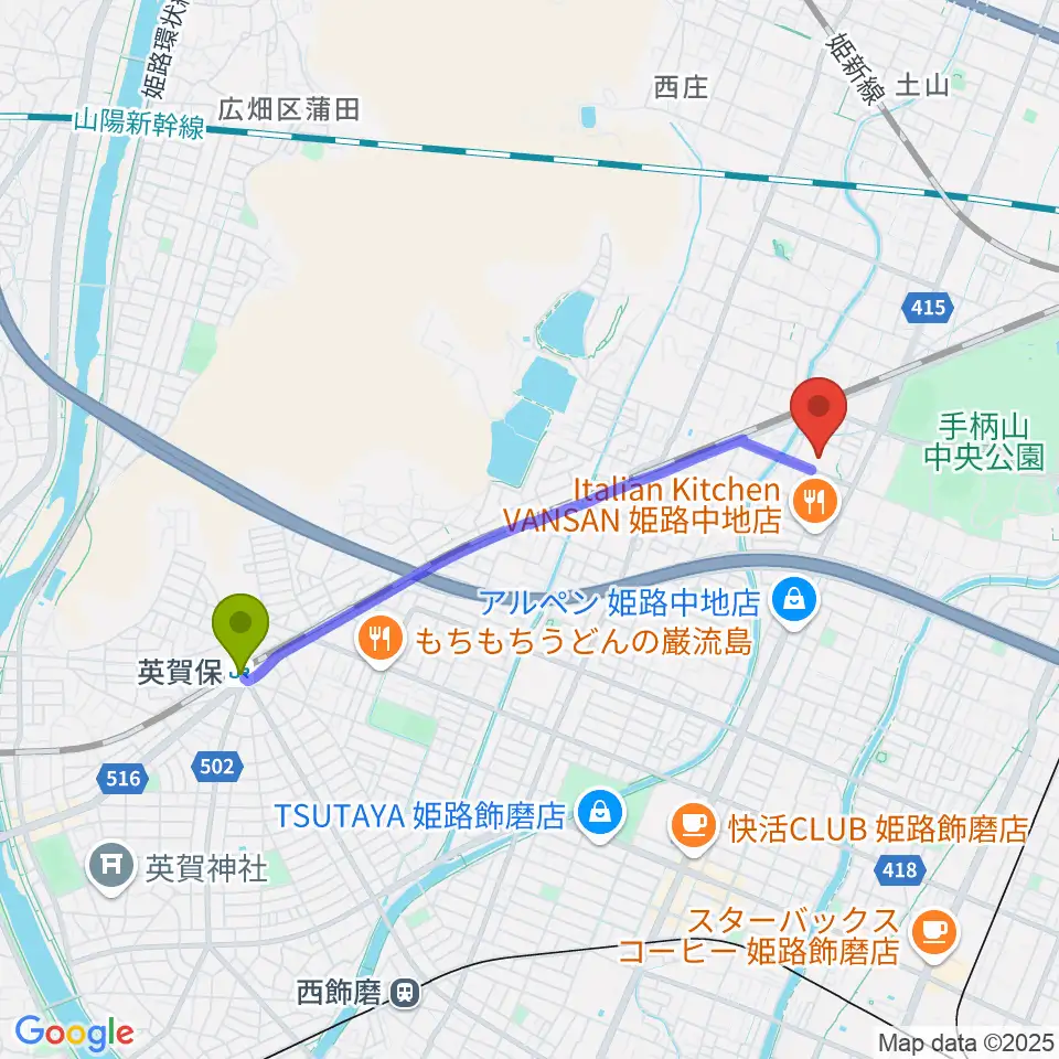 英賀保駅から姫路市立総合スポーツ会館へのルートマップ地図