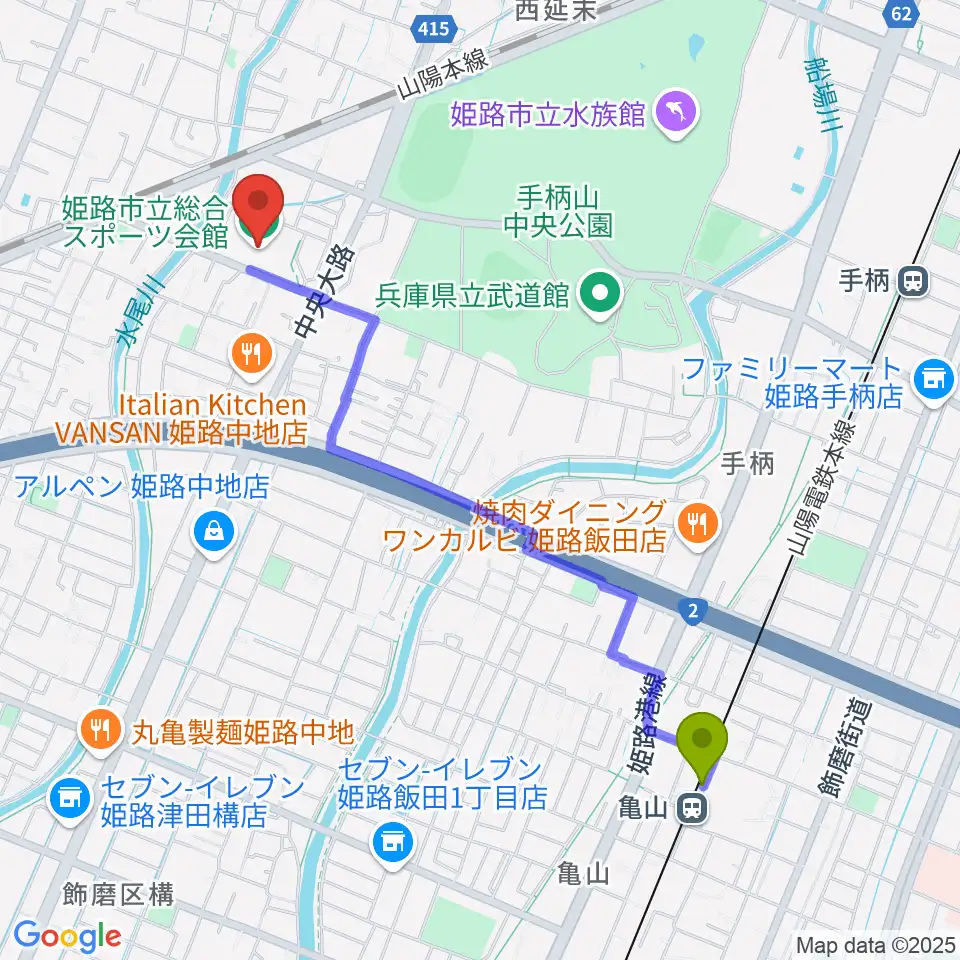 亀山駅から姫路市立総合スポーツ会館へのルートマップ地図