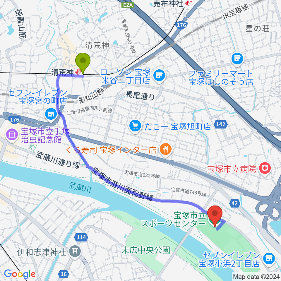 清荒神駅から宝塚市立スポーツセンターへのルートマップ地図