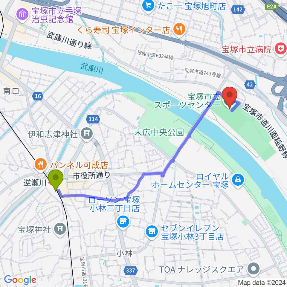 宝塚市立スポーツセンターの最寄駅逆瀬川駅からの徒歩ルート（約21分）地図