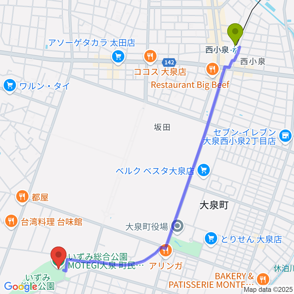 いずみ総合公園MOTEGI大泉町民体育館の最寄駅西小泉駅からの徒歩ルート（約30分）地図