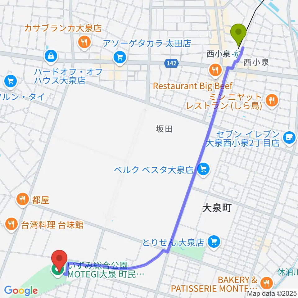 いずみ総合公園MOTEGI大泉町民体育館の最寄駅西小泉駅からの徒歩ルート（約30分）地図