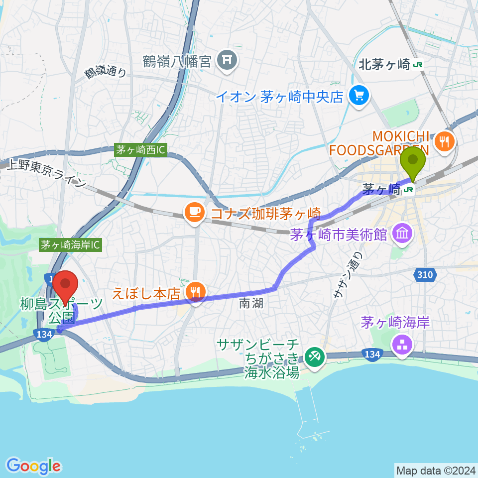 茅ケ崎駅から柳島スポーツ公園総合競技場へのルートマップ地図