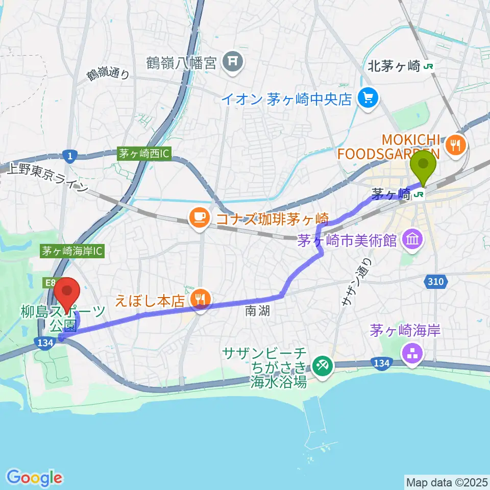 茅ケ崎駅から柳島スポーツ公園総合競技場へのルートマップ地図