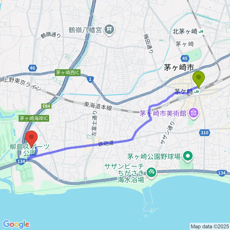茅ケ崎駅から柳島スポーツ公園総合競技場へのルートマップ地図
