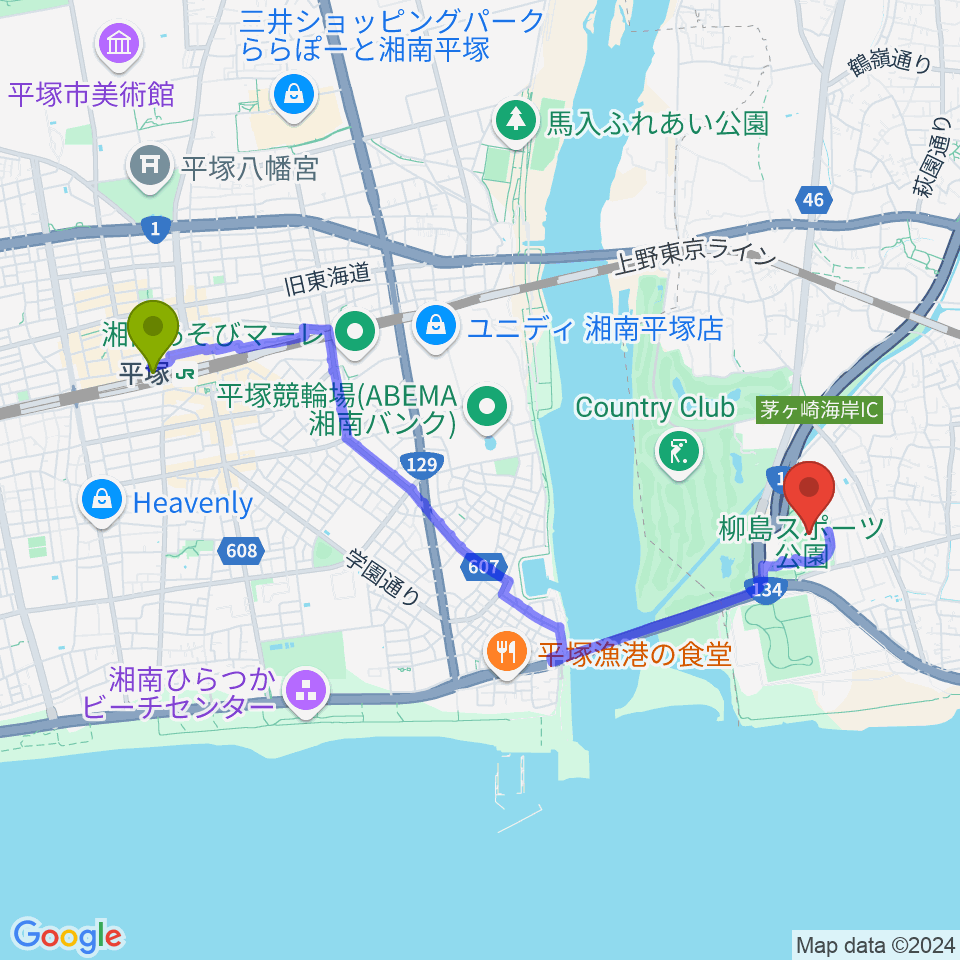 柳島スポーツ公園総合競技場の最寄駅平塚駅からの徒歩ルート（約44分）地図