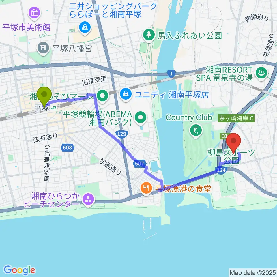 柳島スポーツ公園総合競技場の最寄駅平塚駅からの徒歩ルート（約44分）地図