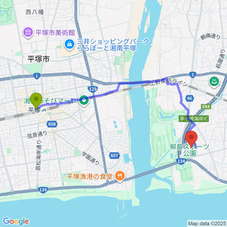 柳島スポーツ公園総合競技場の最寄駅平塚駅からの徒歩ルート（約44分）地図