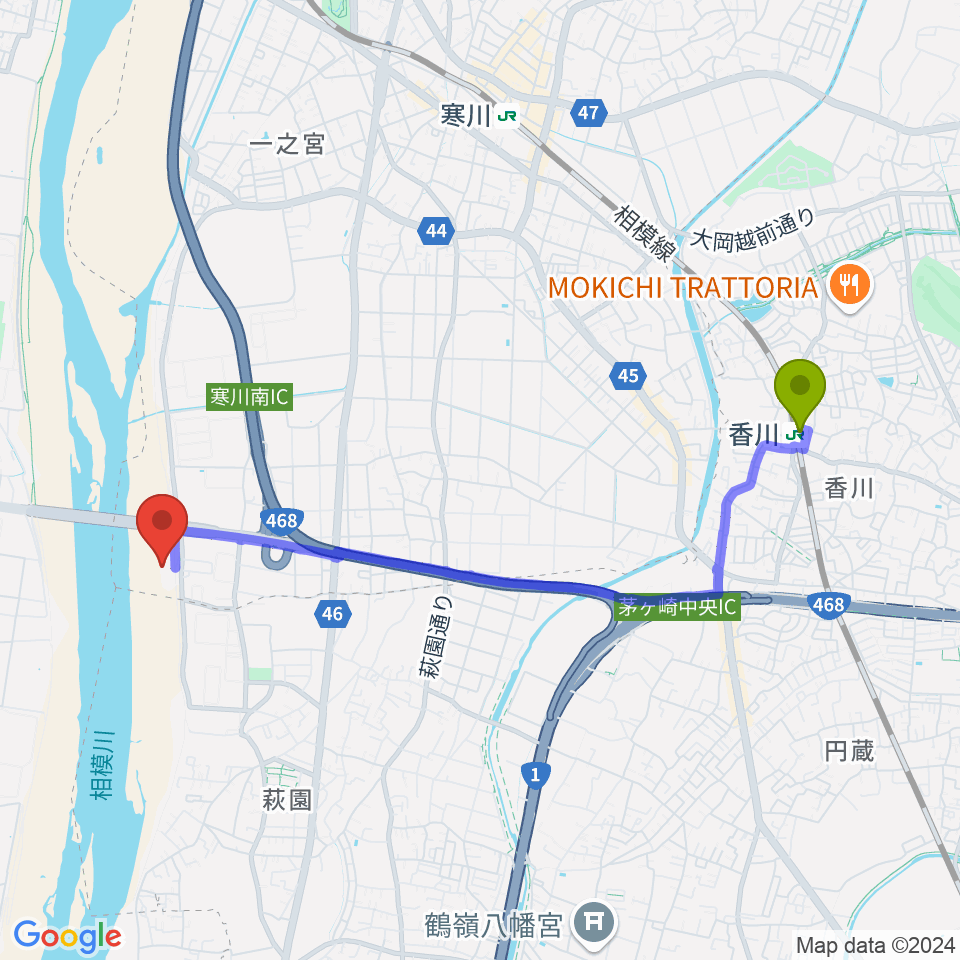 香川駅から田端スポーツ公園野球場へのルートマップ地図