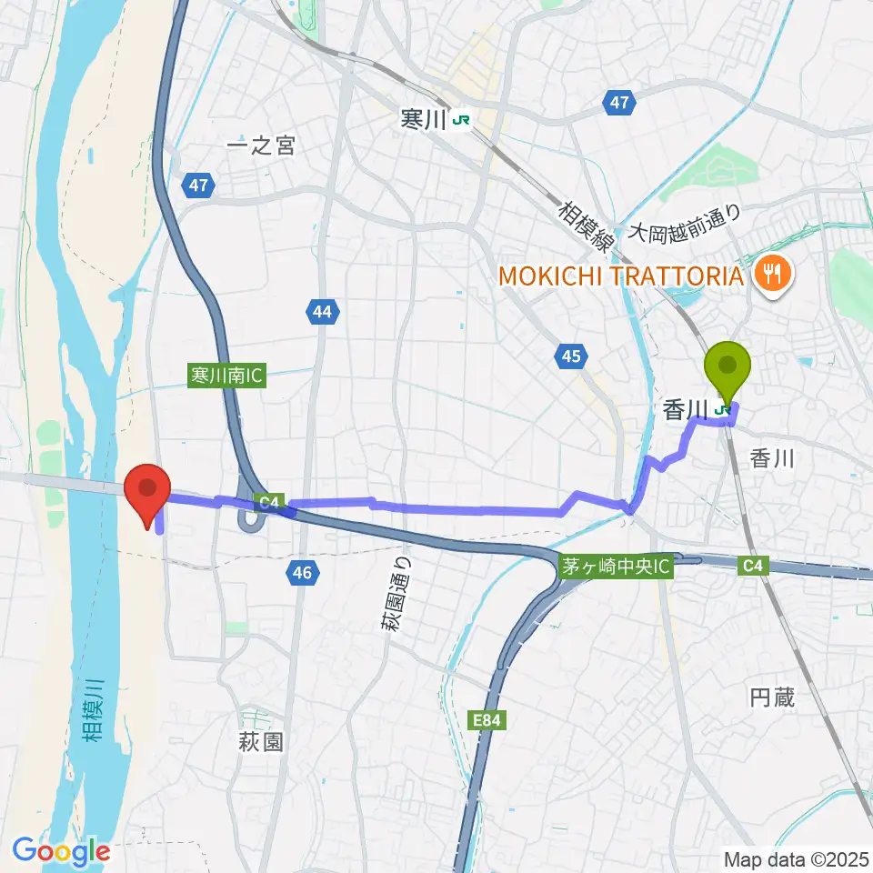 香川駅から田端スポーツ公園野球場へのルートマップ地図