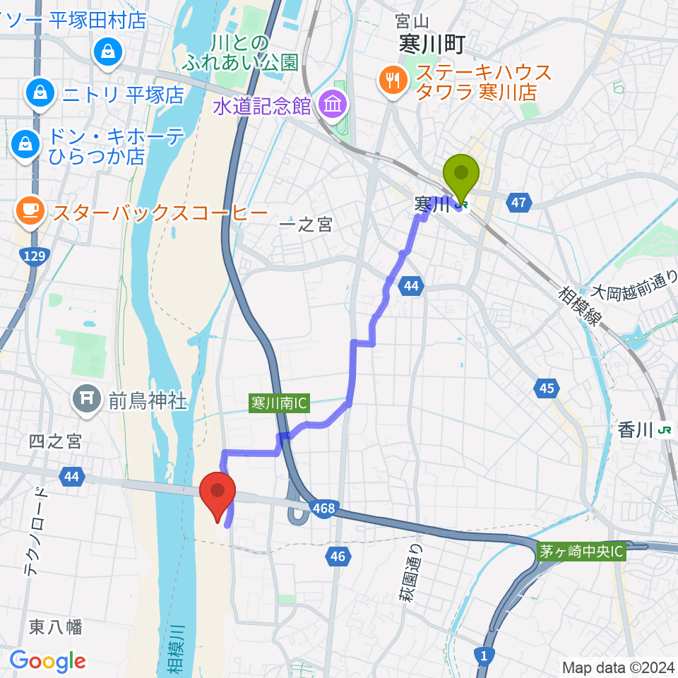 田端スポーツ公園野球場の最寄駅寒川駅からの徒歩ルート（約37分）地図