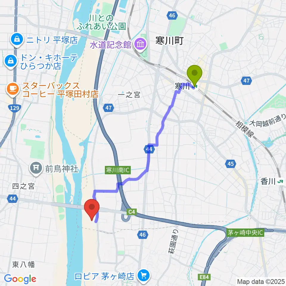 田端スポーツ公園野球場の最寄駅寒川駅からの徒歩ルート（約37分）地図